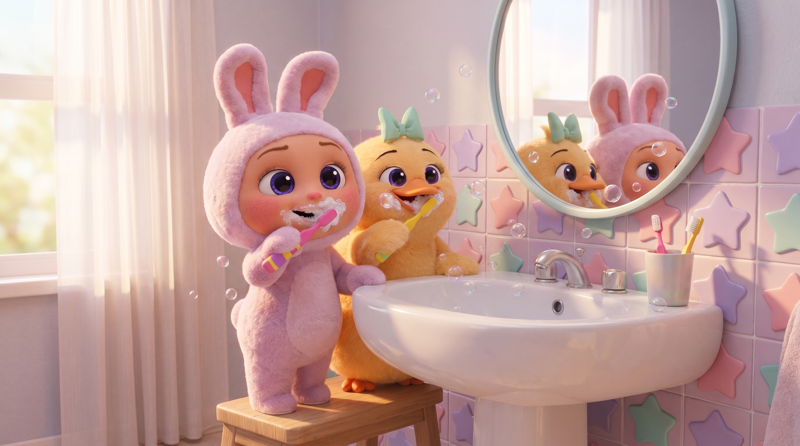 BunBun and KoKo brushing their teeth together